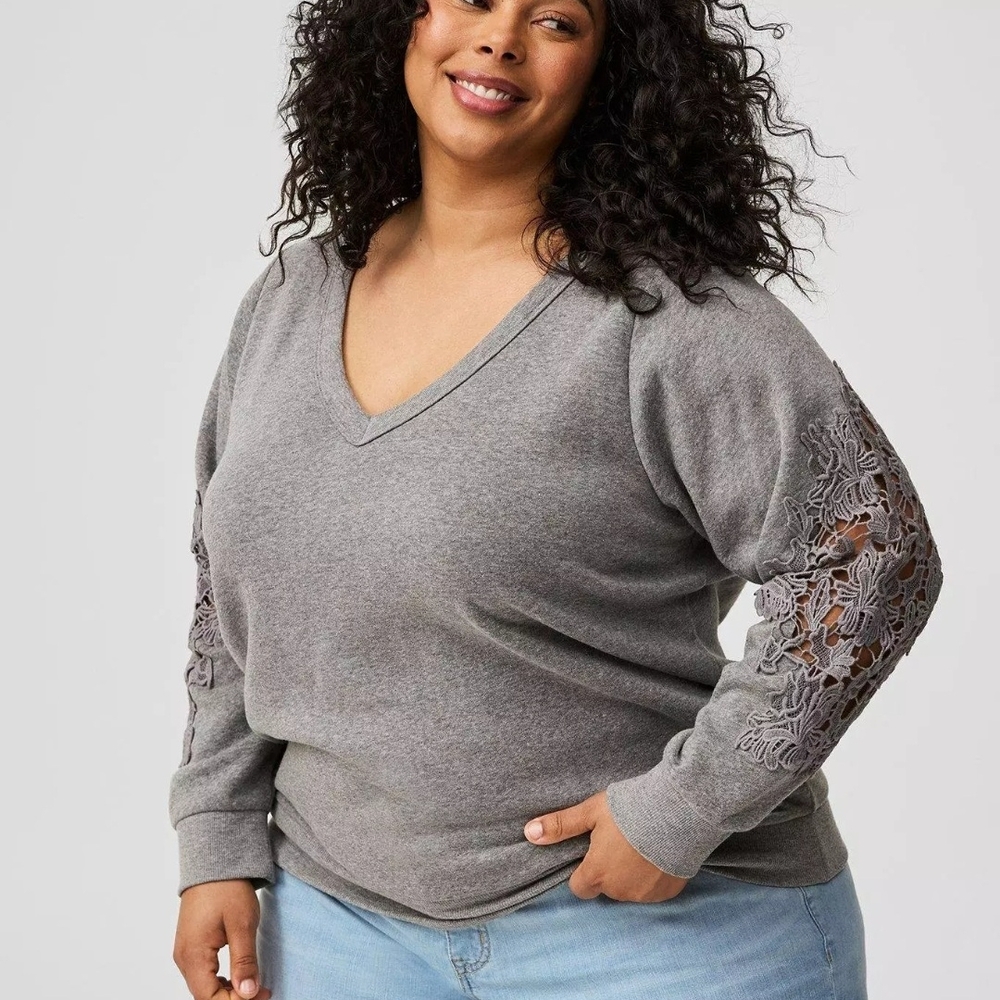 Torrid Gray V-Neck Sweater with Lace Sleeves